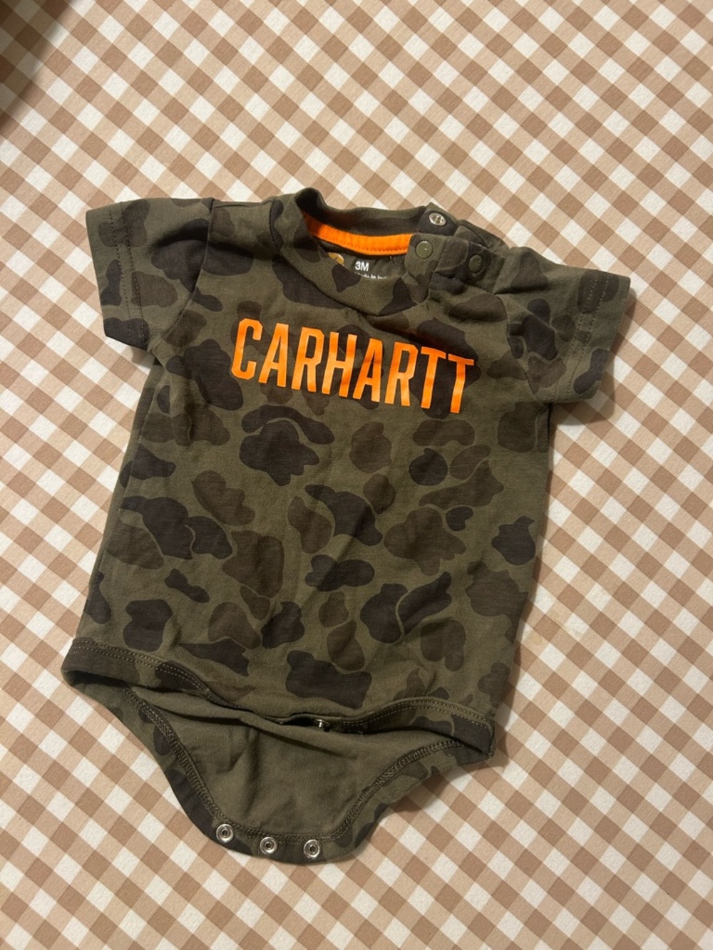 Carhartt Olive and Dark Brown Camo Onesie with Bright Orange Logo